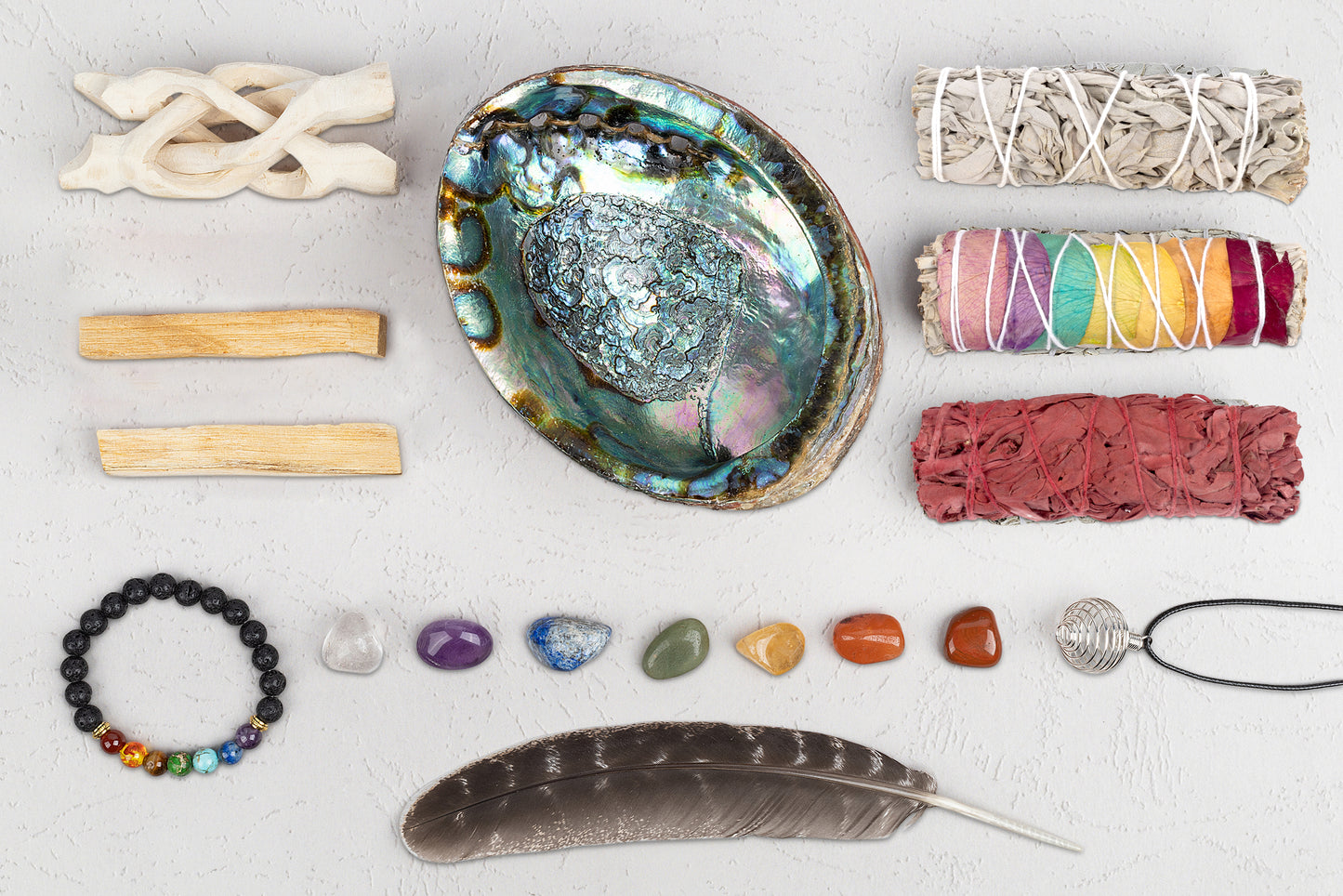 Variety Sage Smudge Kit – White Sage, Dragons Blood Sage, Chakra Sage, Palo Santo, Abalone Shell, Lava Chakra Bracelet, 7 Chakra Stones, Smudging Feather & Smudging Guide
