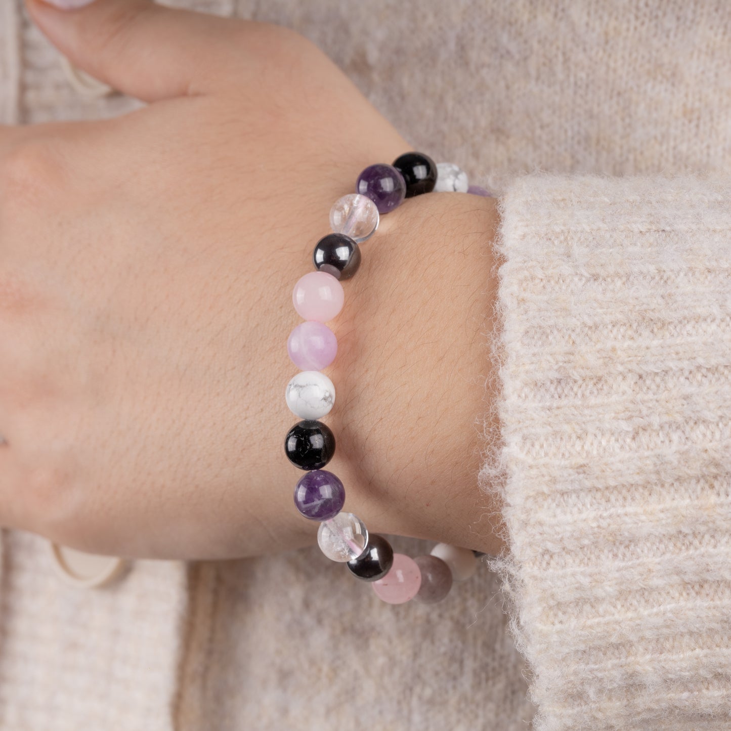 Crystal Bracelet with Amethyst, Clear Quartz, Rose Quartz, White Howlite, Black Tourmaline, Lepidolite, and Hematite - Beaded Bracelets