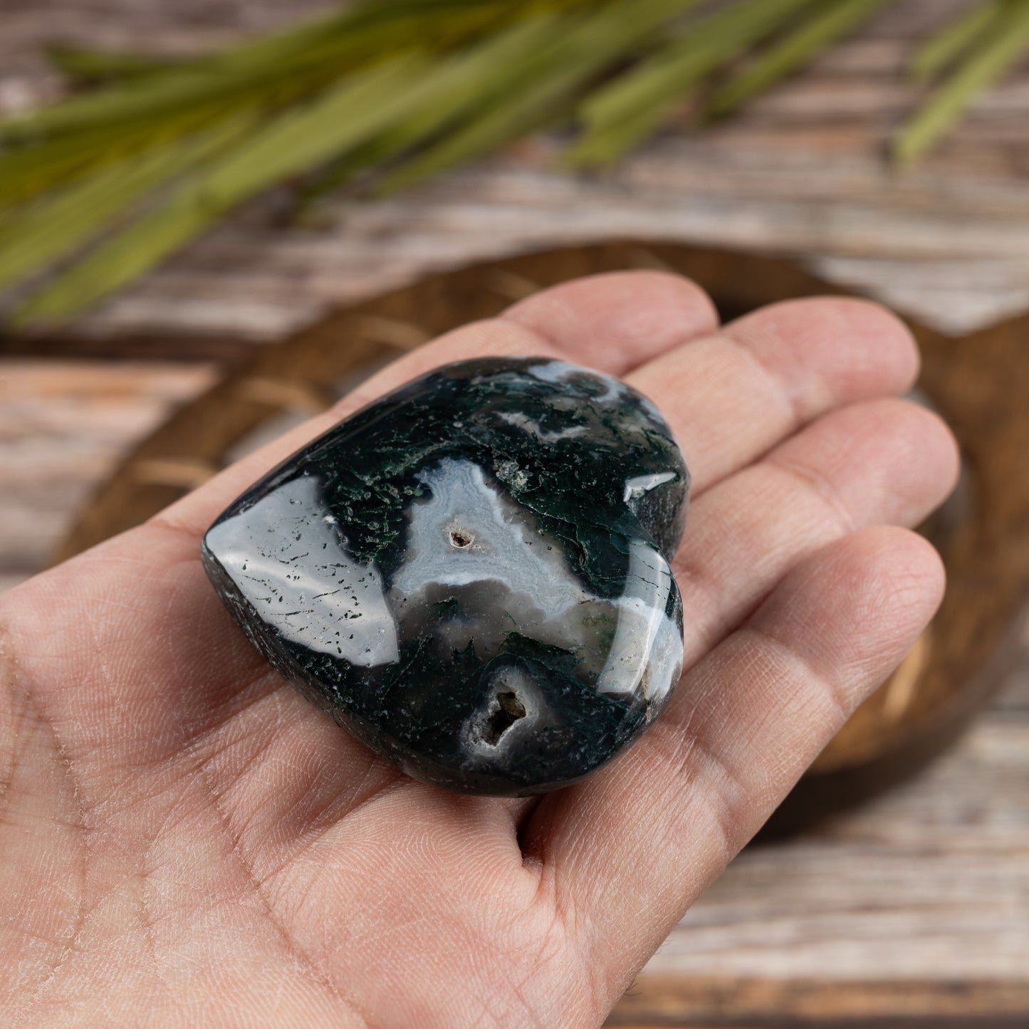 Moss Agate Heart Palm Stone, Polished Crystal Stone for Chakra Balancing, Meditation, Spiritual and Crystal Gift