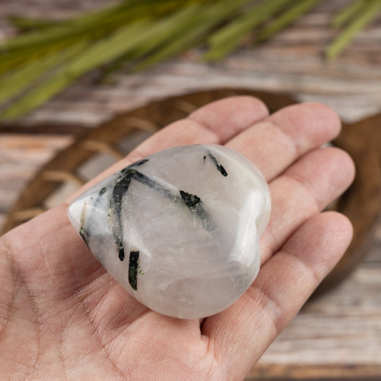 Tourmalinated Quartz Heart Palm Stone, Polished Crystal Stone for Chakra Balancing, Meditation, Spiritual and Crystal Gift