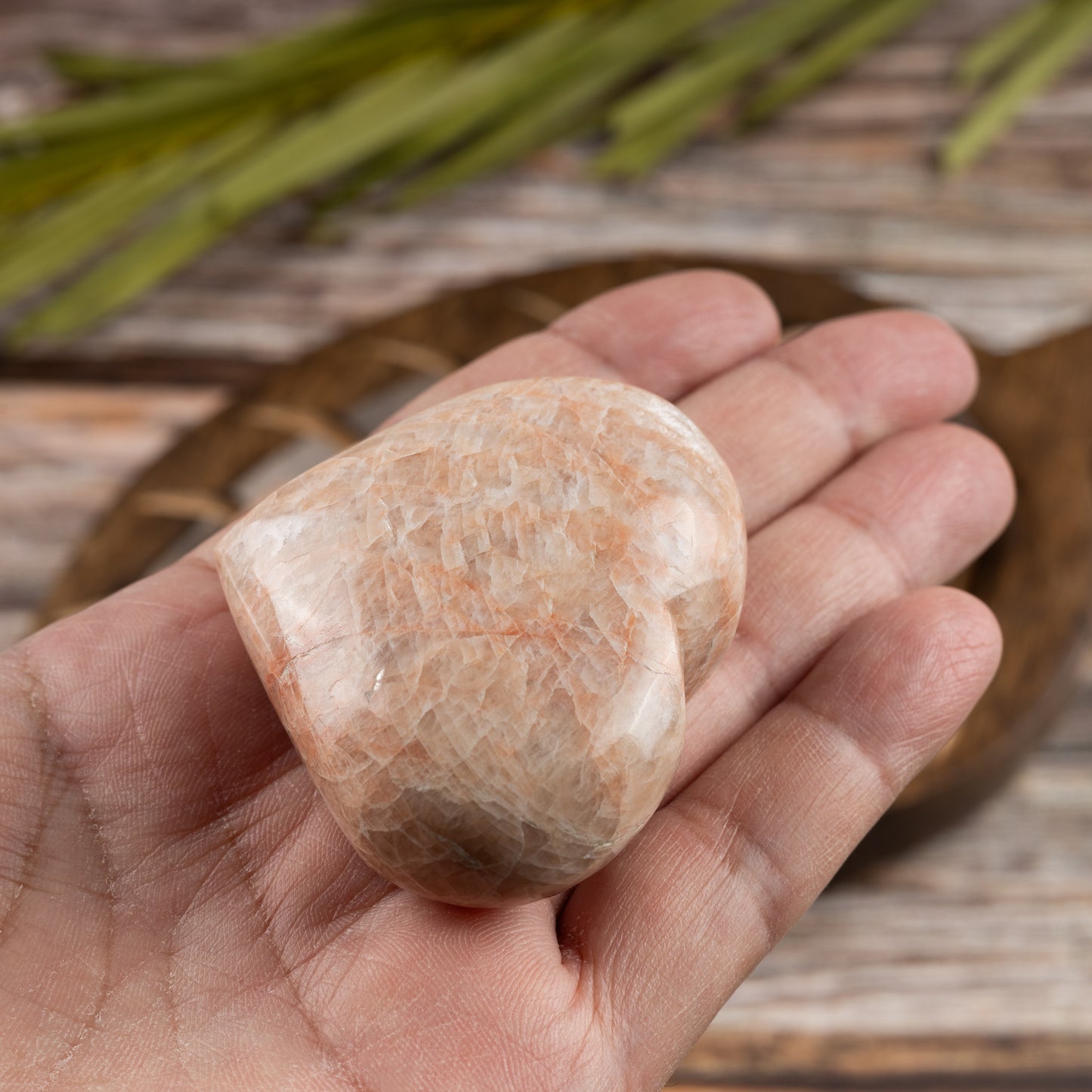 Peach Moonstone Heart Palm Stone, Polished Crystal Stone for Chakra Balancing, Meditation, Spiritual and Crystal Gift