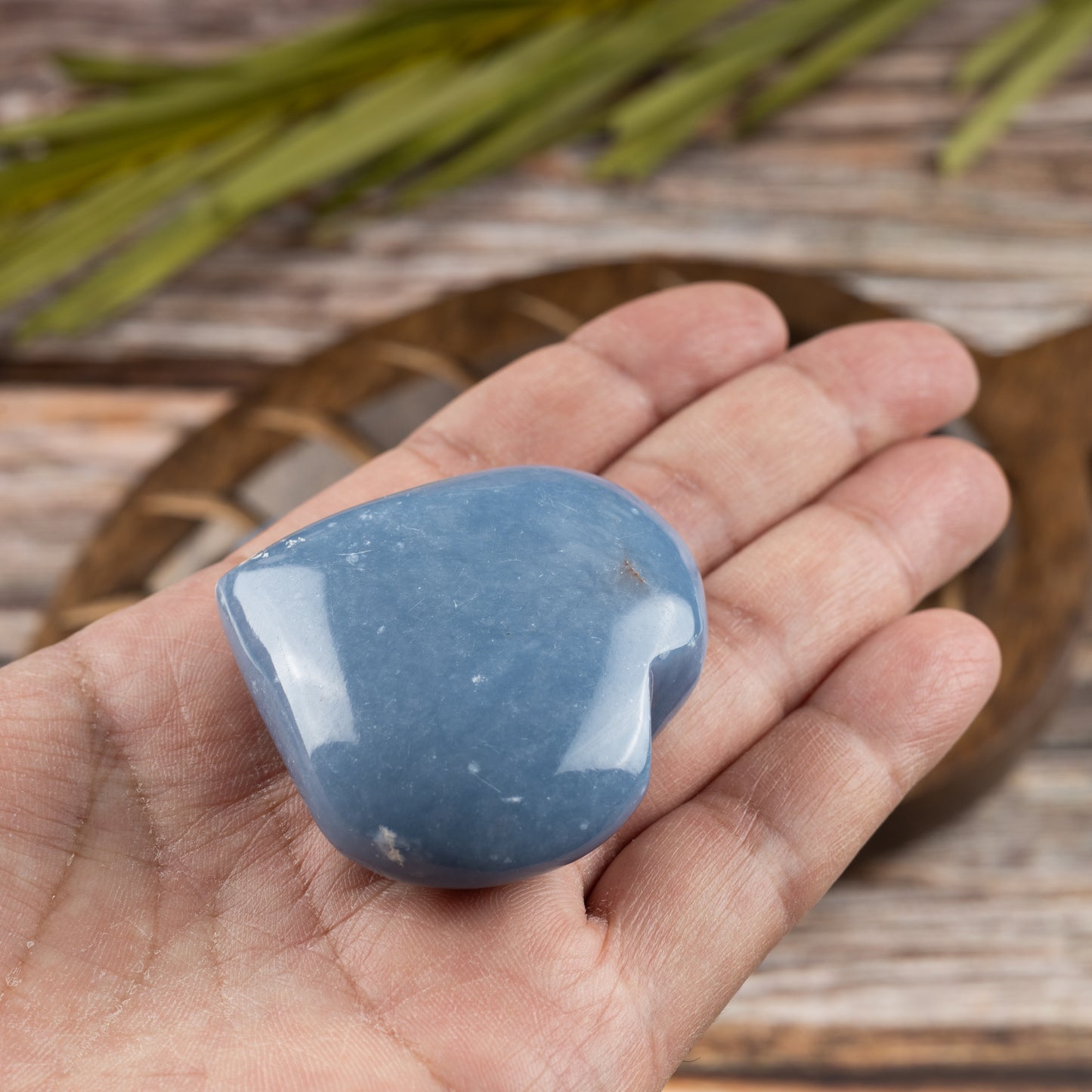 Angelite Heart Palm Stone, Polished Crystal Stone for Chakra Balancing, Meditation, Spiritual and Crystal Gift