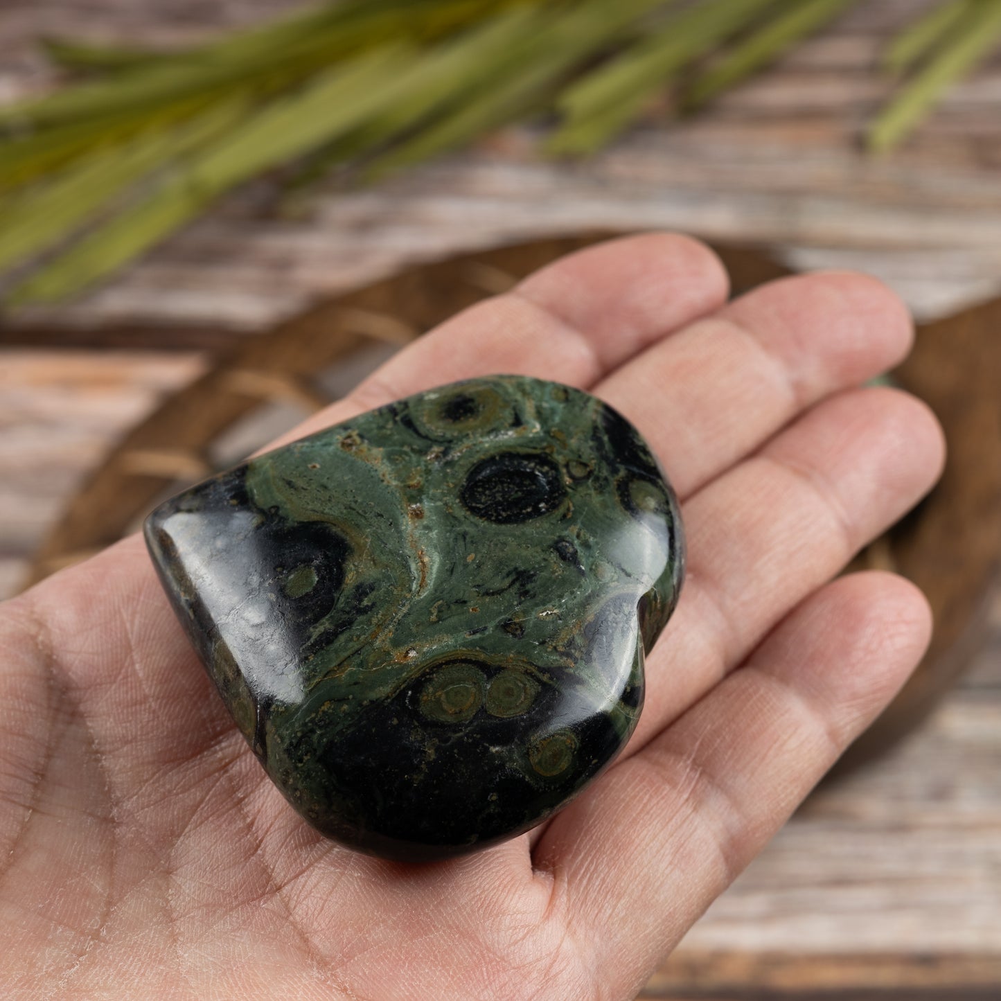Kambaba Jasper Heart Palm Stone, Polished Crystal Stone for Chakra Balancing, Meditation, Spiritual and Crystal Gift