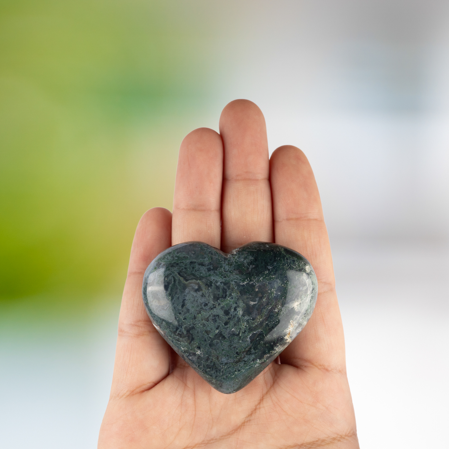 Moss Agate Heart Palm Stone, Polished Crystal Stone for Chakra Balancing, Meditation, Spiritual and Crystal Gift
