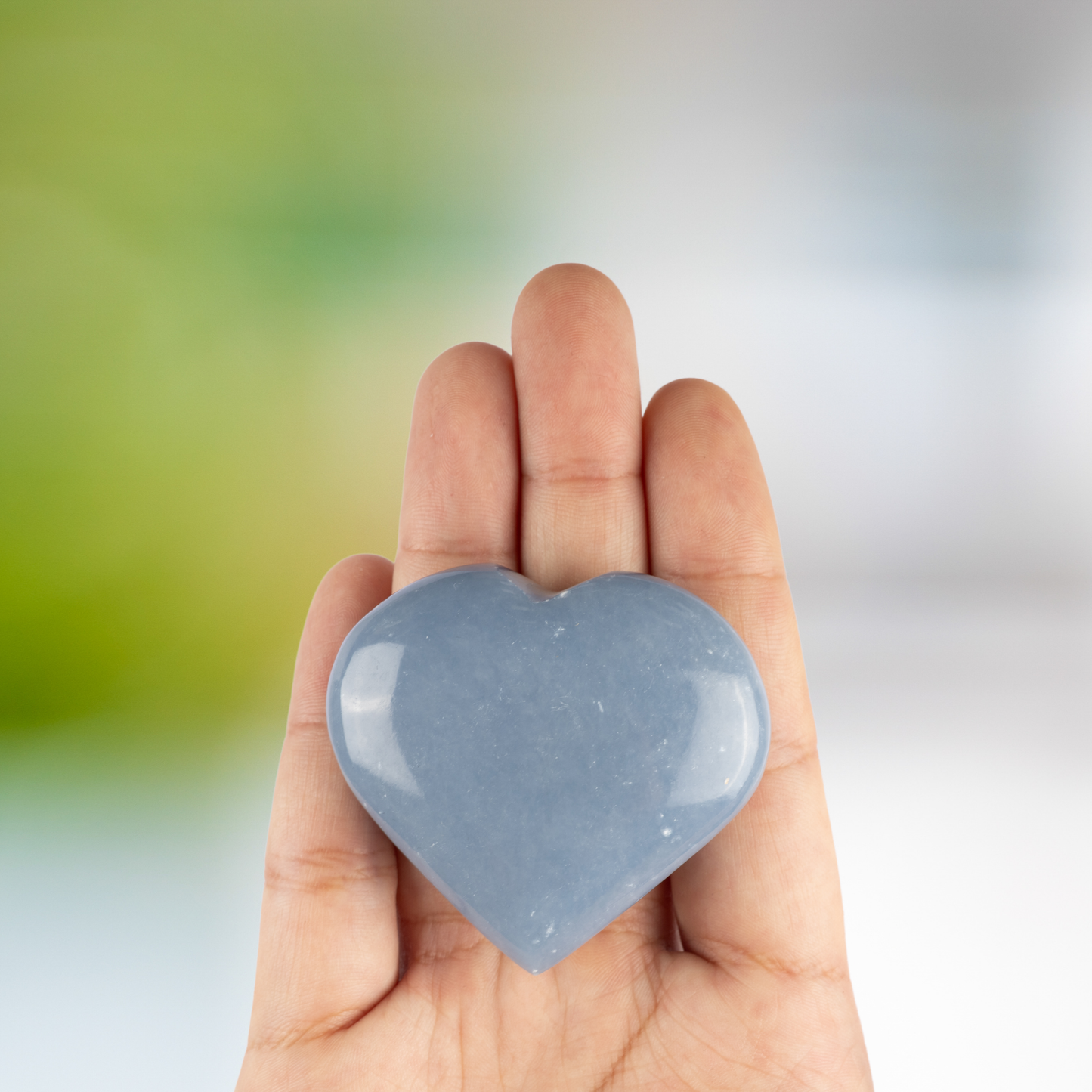 Angelite Heart Palm Stone, Polished Crystal Stone for Chakra Balancing, Meditation, Spiritual and Crystal Gift