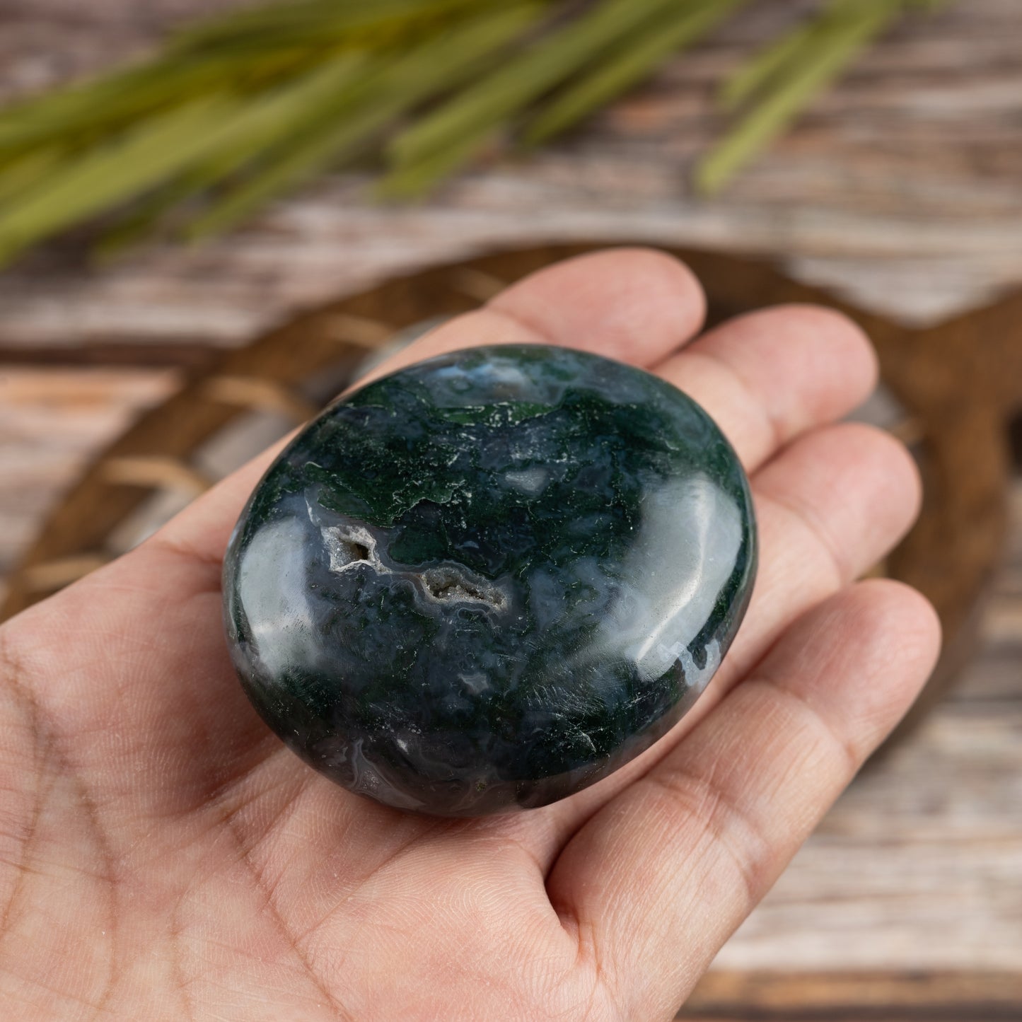 Moss Agate Palm Stone, Polished Crystal Stone for Chakra Balancing, Meditation, Spiritual and Crystal Gift