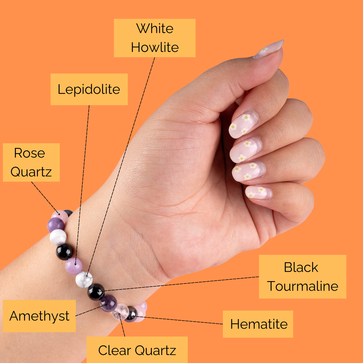 Crystal Bracelet with Amethyst, Clear Quartz, Rose Quartz, White Howlite, Black Tourmaline, Lepidolite, and Hematite - Beaded Bracelets