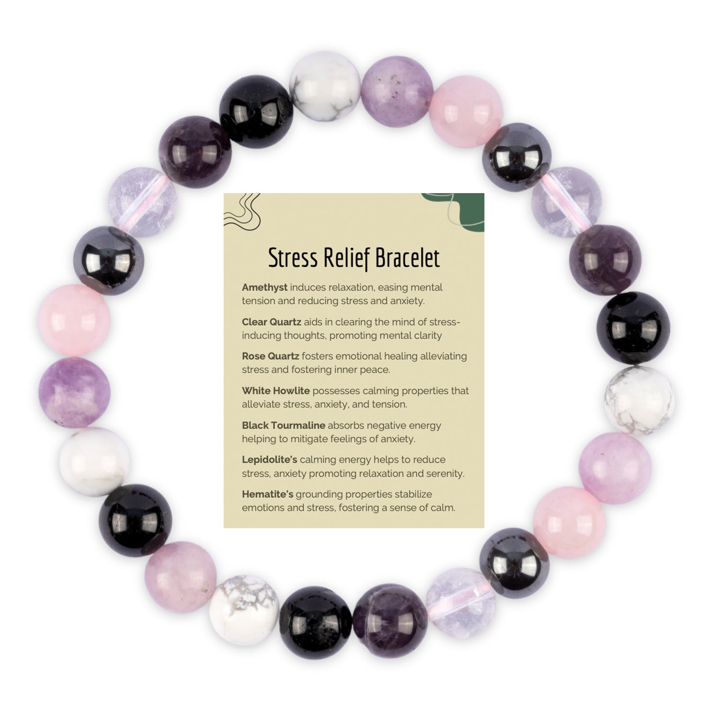 Crystal Bracelet with Amethyst, Clear Quartz, Rose Quartz, White Howlite, Black Tourmaline, Lepidolite, and Hematite - Beaded Bracelets