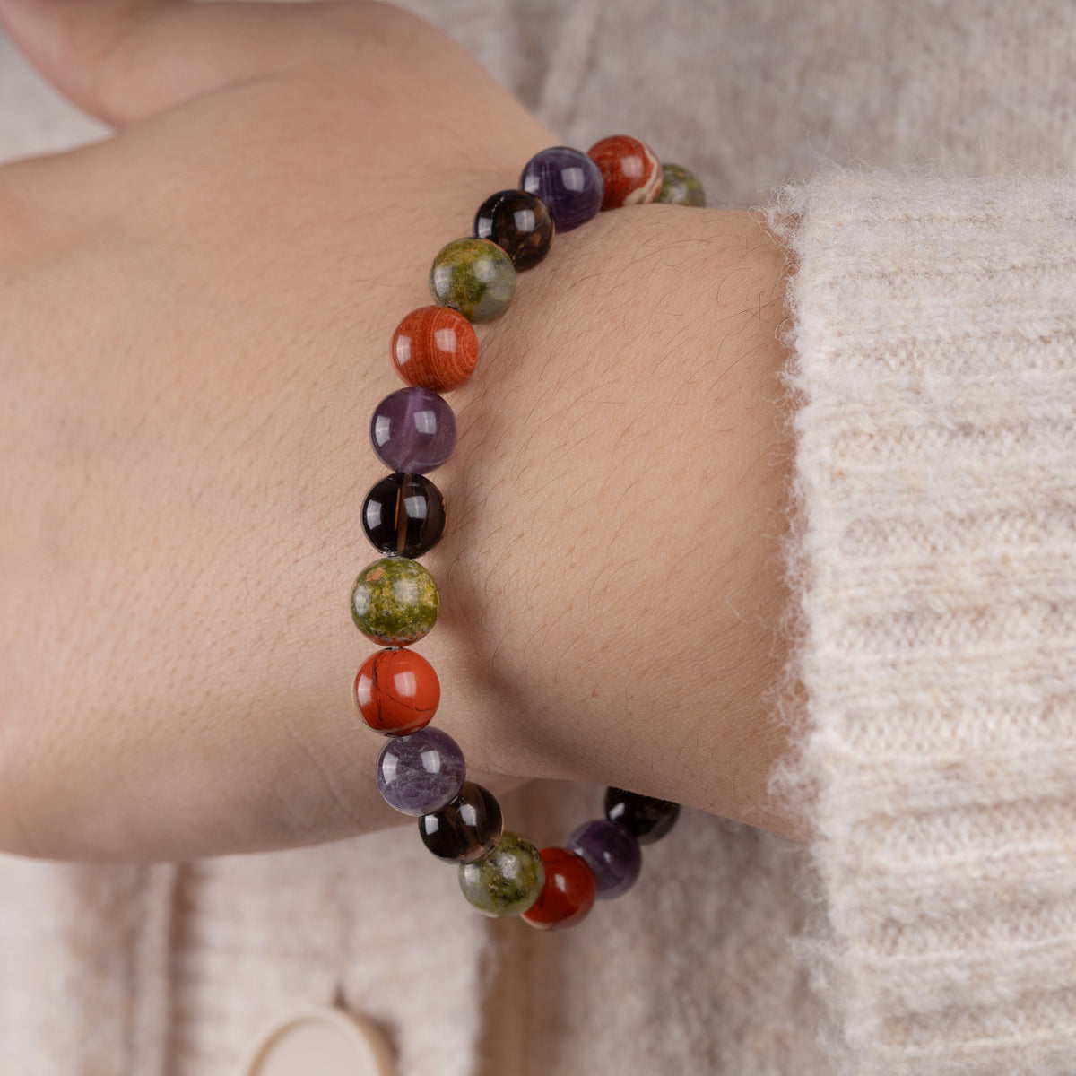 Scorpio Zodiac Bracelet for Women or Men with Natural Amethyst, Smoky Quartz, Red Jasper, and Unakite Crystals and Healing Stones - Handmade Beaded Bracelet, Perfect Zodiac Gift for Birthday