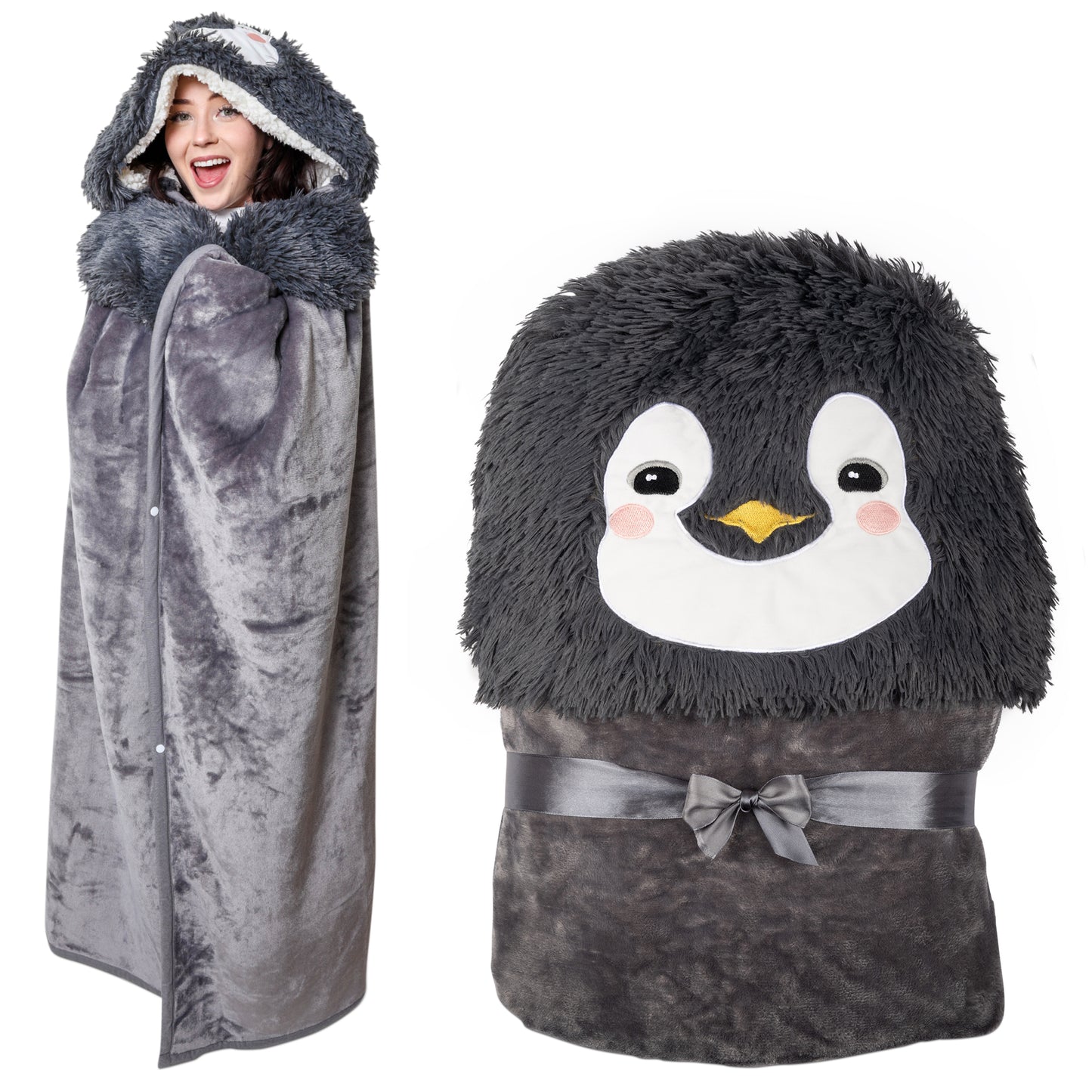 Penguin Wearable Hooded Blanket - Warm & Cozy Oversized Blanket Hoodie with Hand Gloves- Penguin Hoodie Blanket Gift for Women, Adults, Kids