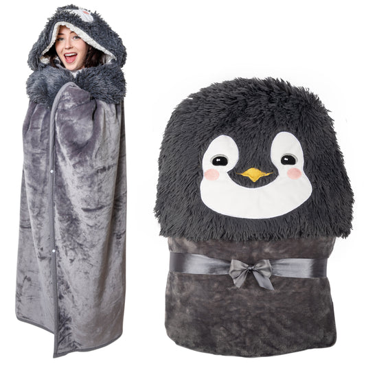 Penguin Wearable Hooded Blanket - Warm & Cozy Oversized Blanket Hoodie with Hand Gloves- Penguin Hoodie Blanket Gift for Women, Adults, Kids