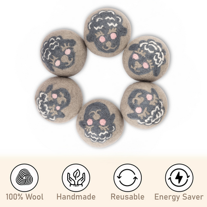 Wool Dryer Balls – Sheep Design Dryer Balls Laundry Reusable – Natural Fabric Softener – 100% Pure New Zealand Wool – Handcrafted in Nepal – 6 Pack Laundry Balls for Dryer