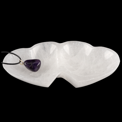 Selenite Twin Heart Bowl with Amethyst Necklace – Extra Large 6.75” Selenite Crystal Bowl – Mined & Crafted in Morocco – Ideal for Cleansing & Recharging Healing Stones, Meditation, & Décor