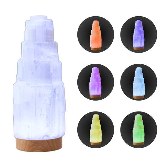 Selenite Lamp with 7 Color LED Wooden Base - 8” Large Selenite Tower Healing Crystals and Meditation Accessories for Zen Decor, Spiritual Room Decor, Energy Healing, and Protection Crystals