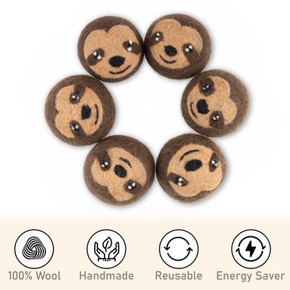Wool Dryer Balls – Sloth Design Dryer Balls Laundry Reusable – Natural Fabric Softener – 100% Pure New Zealand Wool – Handcrafted in Nepal – 6 Pack Laundry Balls for Dryer