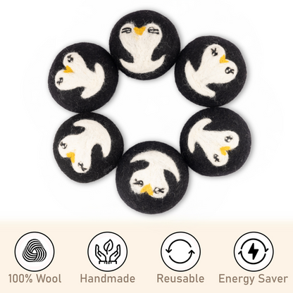 Wool Dryer Balls – Penguin Design Dryer Balls Laundry Reusable – Natural Fabric Softener – 100% Pure New Zealand Wool – Handcrafted in Nepal – 6 Pack Laundry Balls for Dryer