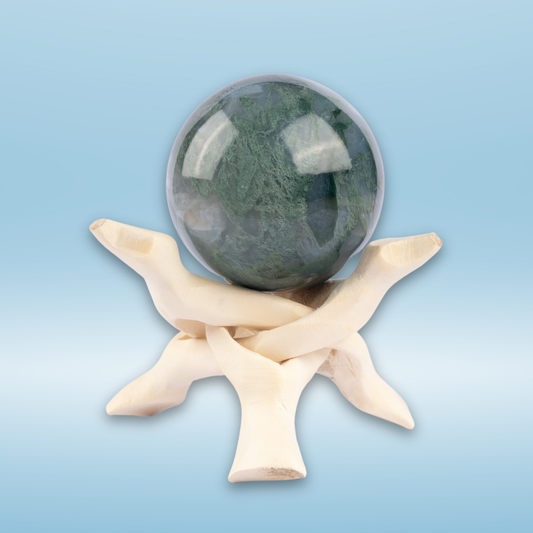 50mm-65 Moss Agate Sphere with Wooden Stand, Healing Crystal Sphere, Home Crystal Decor, Energy Crystal, Sphere Stand, Crystal Gifts