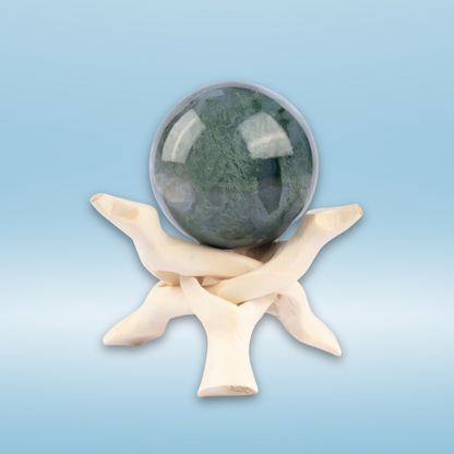 50mm-65 Moss Agate Sphere with Wooden Stand, Healing Crystal Sphere, Home Crystal Decor, Energy Crystal, Sphere Stand, Crystal Gifts