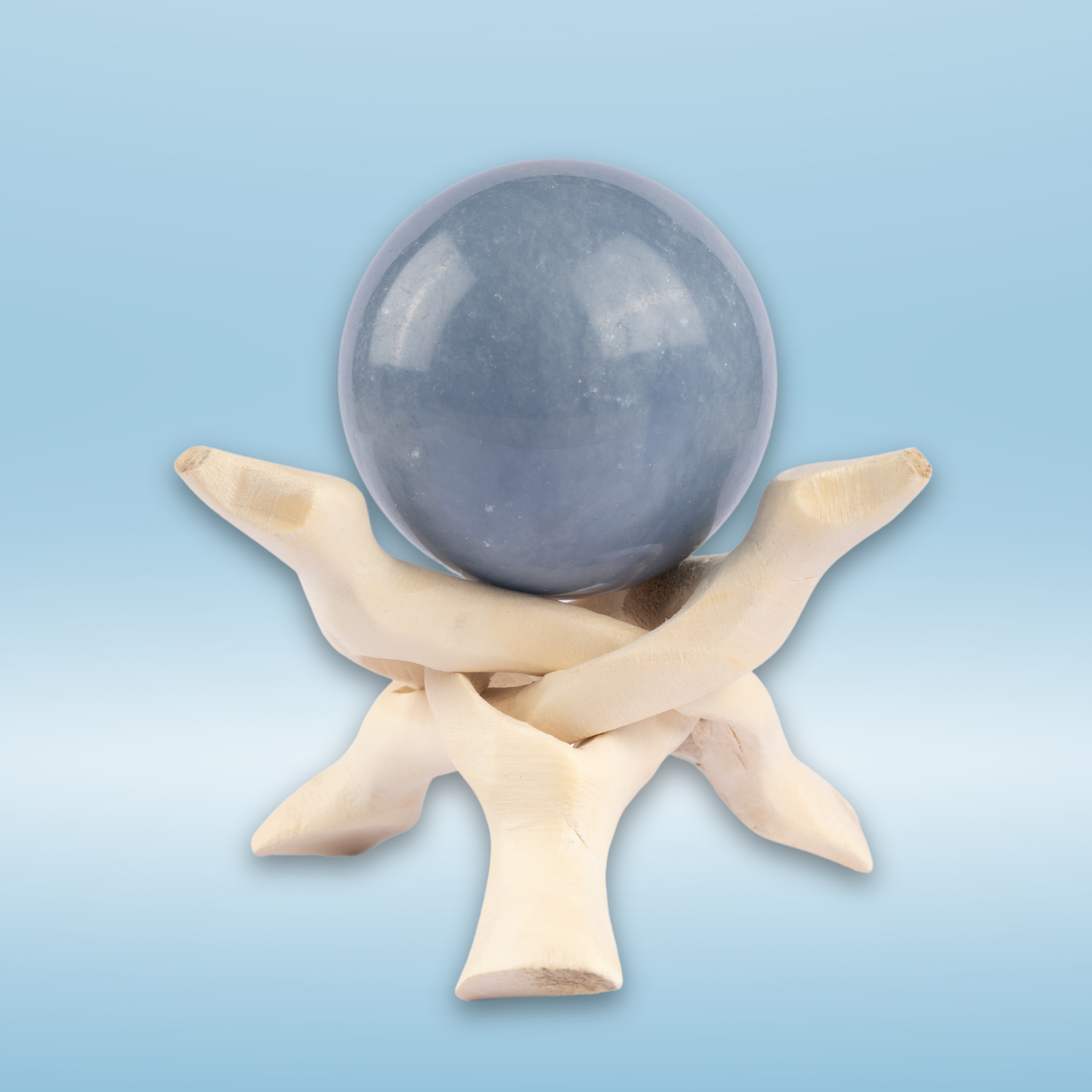 50mm-65mm Angelite Sphere with Wooden Tripod Stand, Healing Crystal Sphere, Home Crystal Decor, Energy Crystal, Sphere Stand, Crystal Gifts