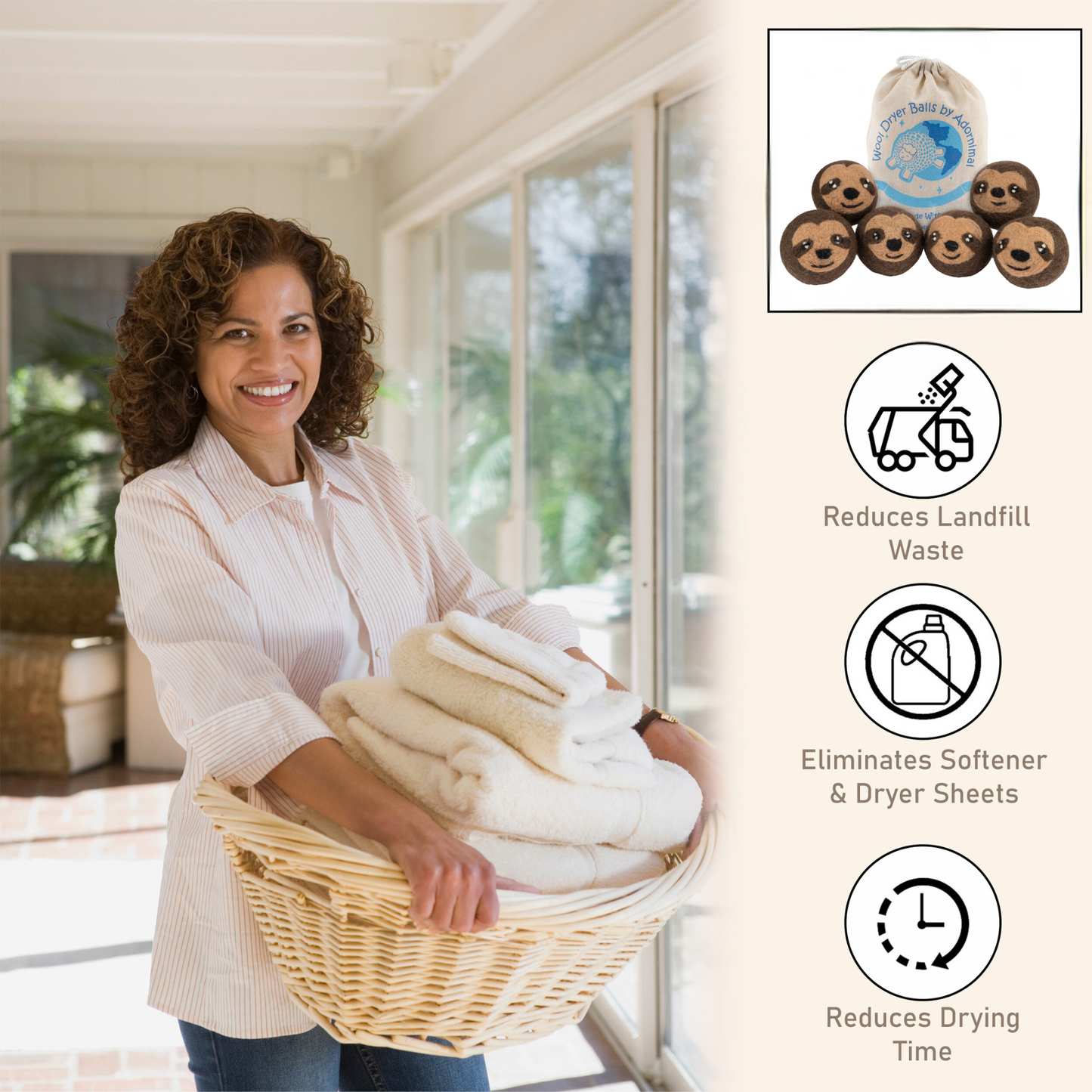 Wool Dryer Balls – Sloth Design Dryer Balls Laundry Reusable – Natural Fabric Softener – 100% Pure New Zealand Wool – Handcrafted in Nepal – 6 Pack Laundry Balls for Dryer