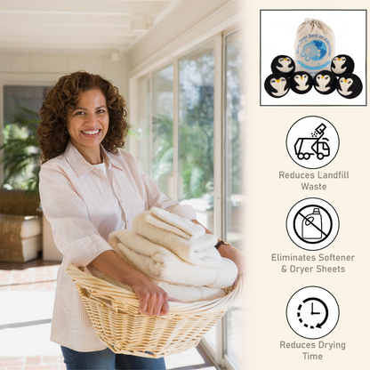 Wool Dryer Balls – Penguin Design Dryer Balls Laundry Reusable – Natural Fabric Softener – 100% Pure New Zealand Wool – Handcrafted in Nepal – 6 Pack Laundry Balls for Dryer