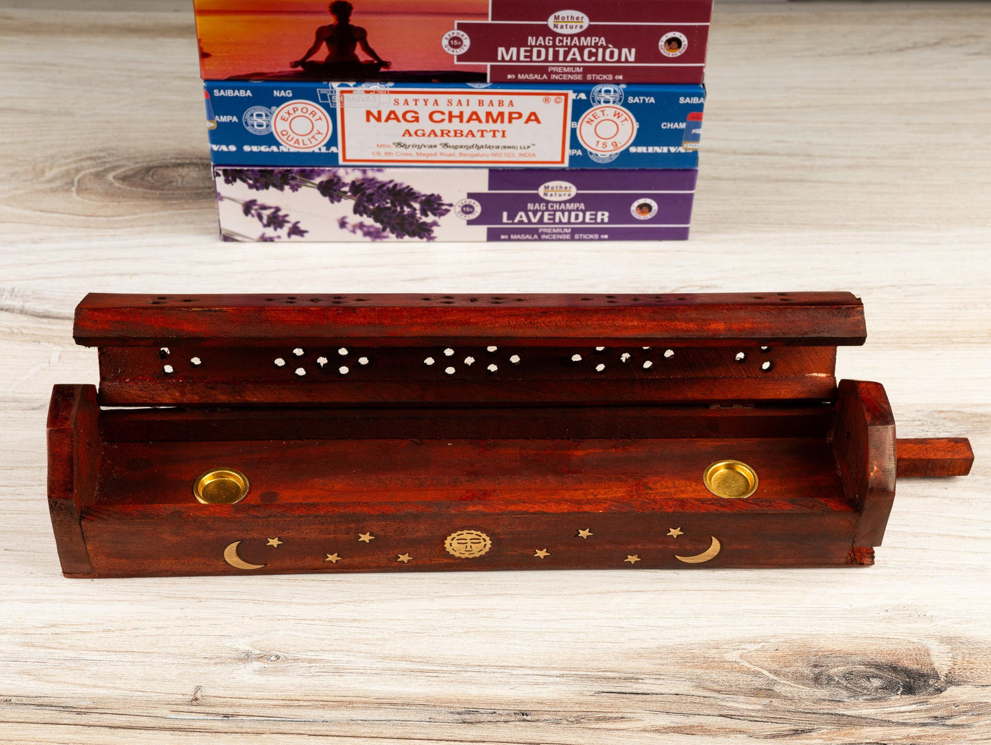 Hand Crafted Wooden Coffin Incense Burner with Sun & Moon Brass Inlays, Incense Holder, Ash Catcher, Home cleansing, Spiritual Gift, 12"
