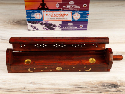 Hand Crafted Wooden Coffin Incense Burner with Sun & Moon Brass Inlays, Incense Holder, Ash Catcher, Home cleansing, Spiritual Gift, 12"