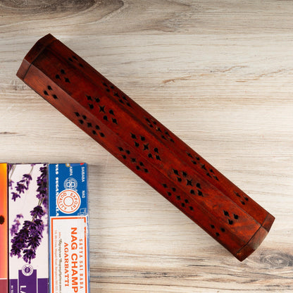 Hand Crafted Wooden Coffin Incense Burner with Sun & Moon Brass Inlays, Incense Holder, Ash Catcher, Home cleansing, Spiritual Gift, 12"
