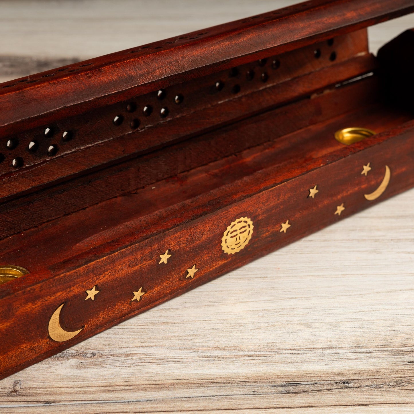 Hand Crafted Wooden Coffin Incense Burner with Sun & Moon Brass Inlays, Incense Holder, Ash Catcher, Home cleansing, Spiritual Gift, 12"