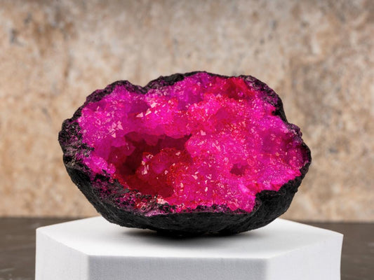 Geode Crystal from Morocco with Natural Wooden Stand, Pink Dyed Druzy Cluster,  2.5-3.5" Natural Quartz Crystal for Home Decor & Meditation