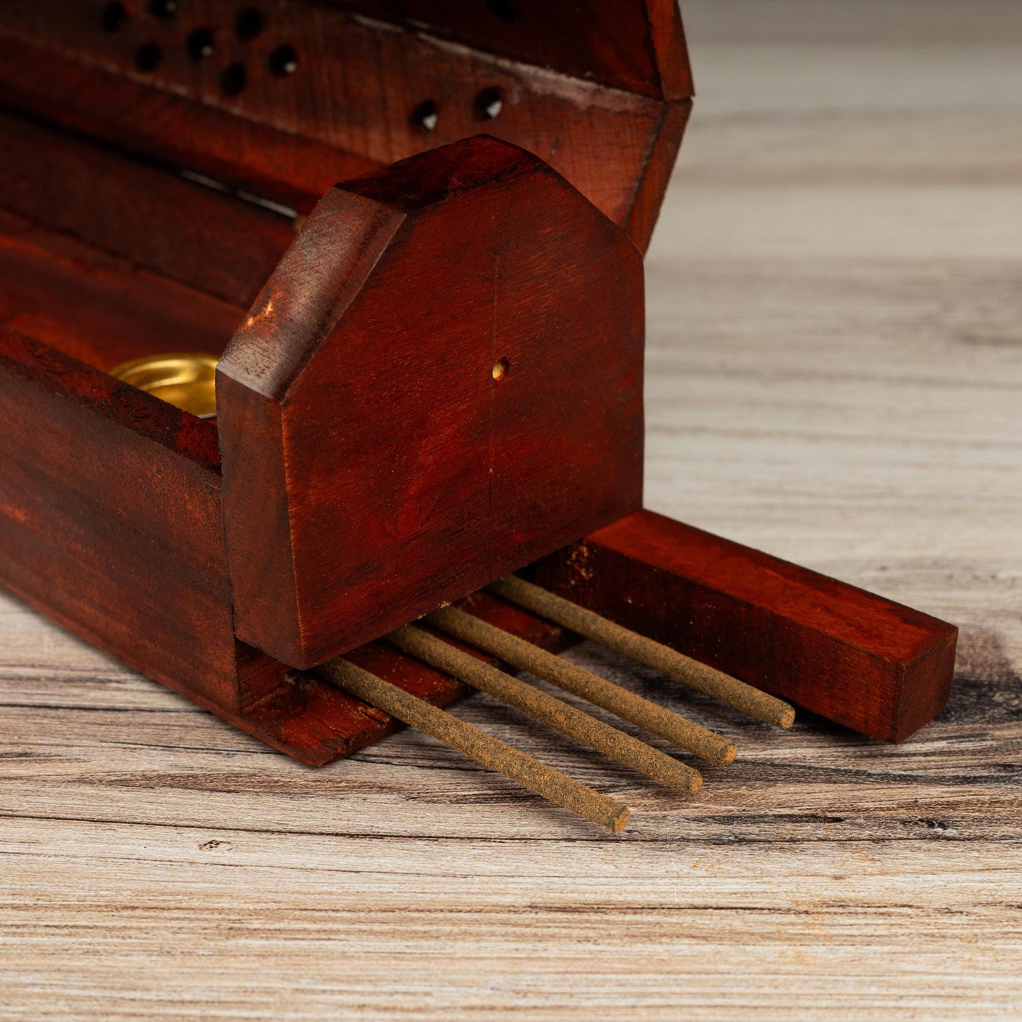 Hand Crafted Wooden Coffin Incense Burner with Sun & Moon Brass Inlays, Incense Holder, Ash Catcher, Home cleansing, Spiritual Gift, 12"