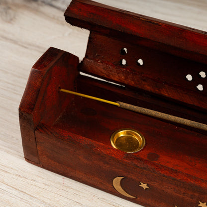 Hand Crafted Wooden Coffin Incense Burner with Sun & Moon Brass Inlays, Incense Holder, Ash Catcher, Home cleansing, Spiritual Gift, 12"