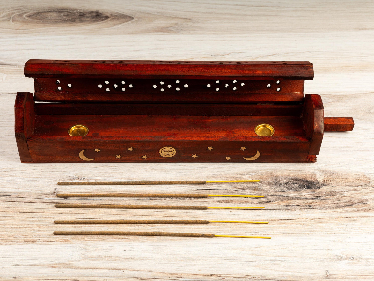 Hand Crafted Wooden Coffin Incense Burner with Sun & Moon Brass Inlays, Incense Holder, Ash Catcher, Home cleansing, Spiritual Gift, 12"
