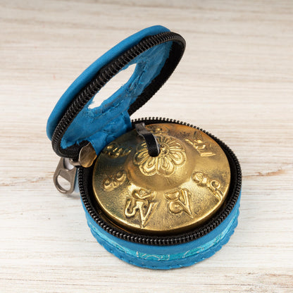 2.3" Tingsha Bell with Blue Case, Om Mani Mantra Design, Sound Healing Meditation Bell, Altar Bell, Energy Cleansing, Spiritual Healing Gift