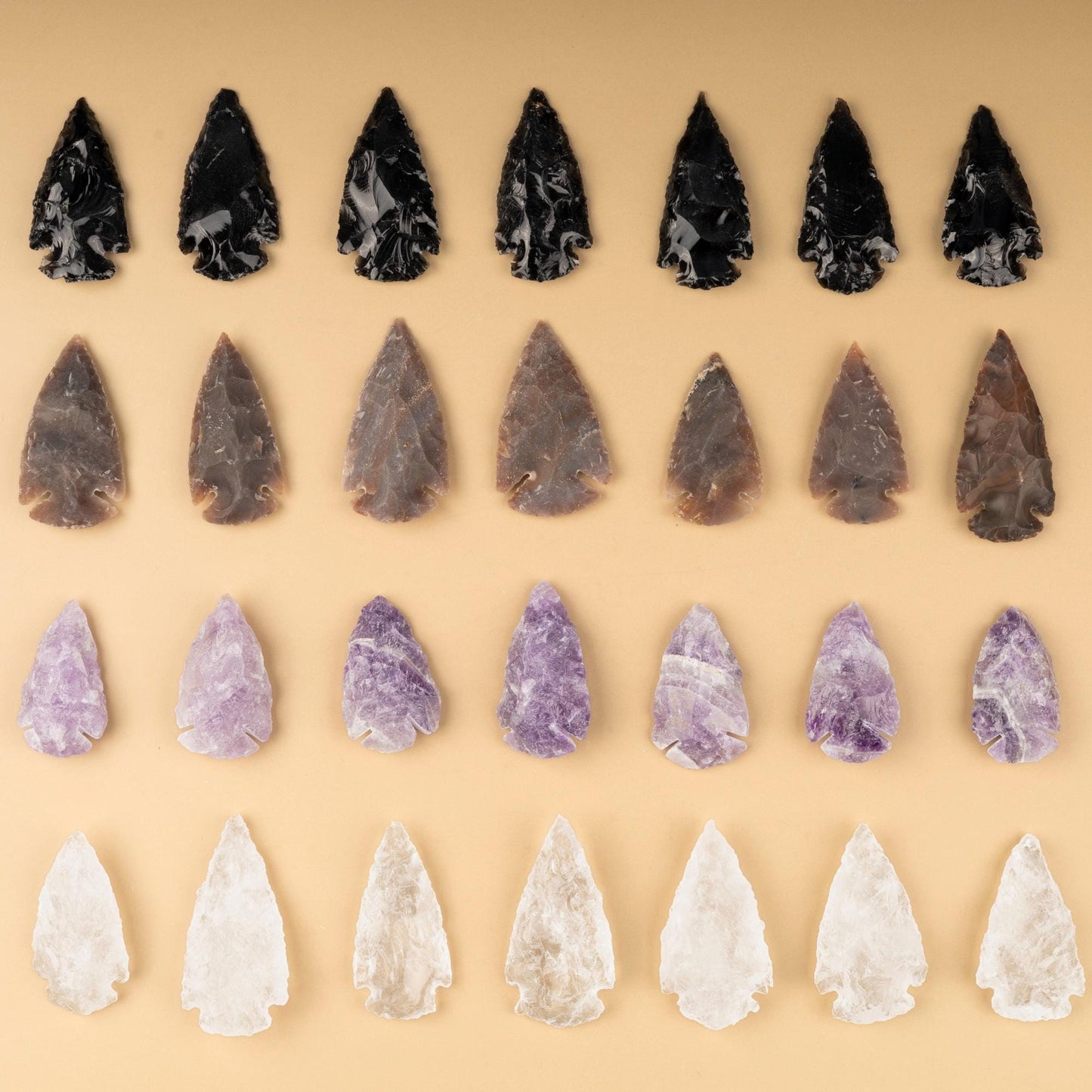 Hand Carved Crystal Arrowhead, 2" Black Obsidian, Clear Quartz, Fancy Jasper, & 1.5" Amethyst Arrowhead for Protection, Strength, Grounding