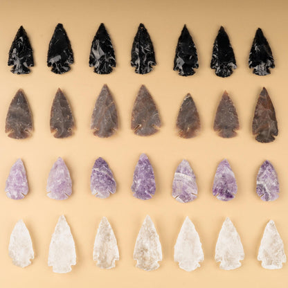 Hand Carved Crystal Arrowhead, 2" Black Obsidian, Clear Quartz, Fancy Jasper, & 1.5" Amethyst Arrowhead for Protection, Strength, Grounding