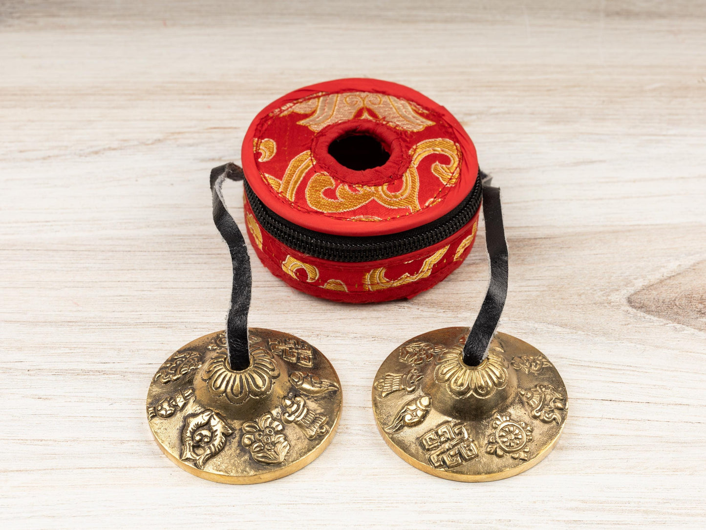 2.3" Tingsha Bell with Red Case, 8 Auspicious Design, Sound Healing Meditation Bell, Altar Bell, Energy Cleansing, Spiritual Healing Gift