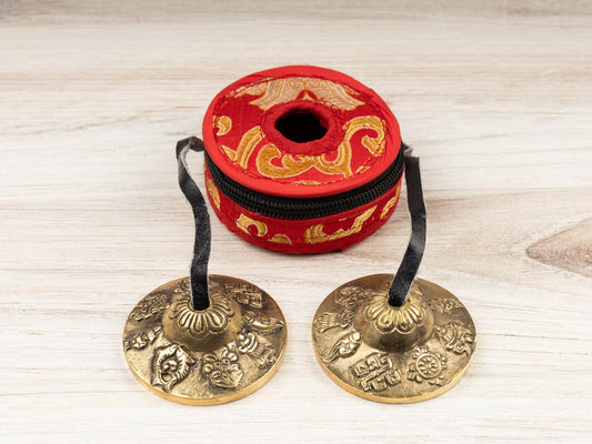 2.3" Tingsha Bell with Red Case, 8 Auspicious Design, Sound Healing Meditation Bell, Altar Bell, Energy Cleansing, Spiritual Healing Gift