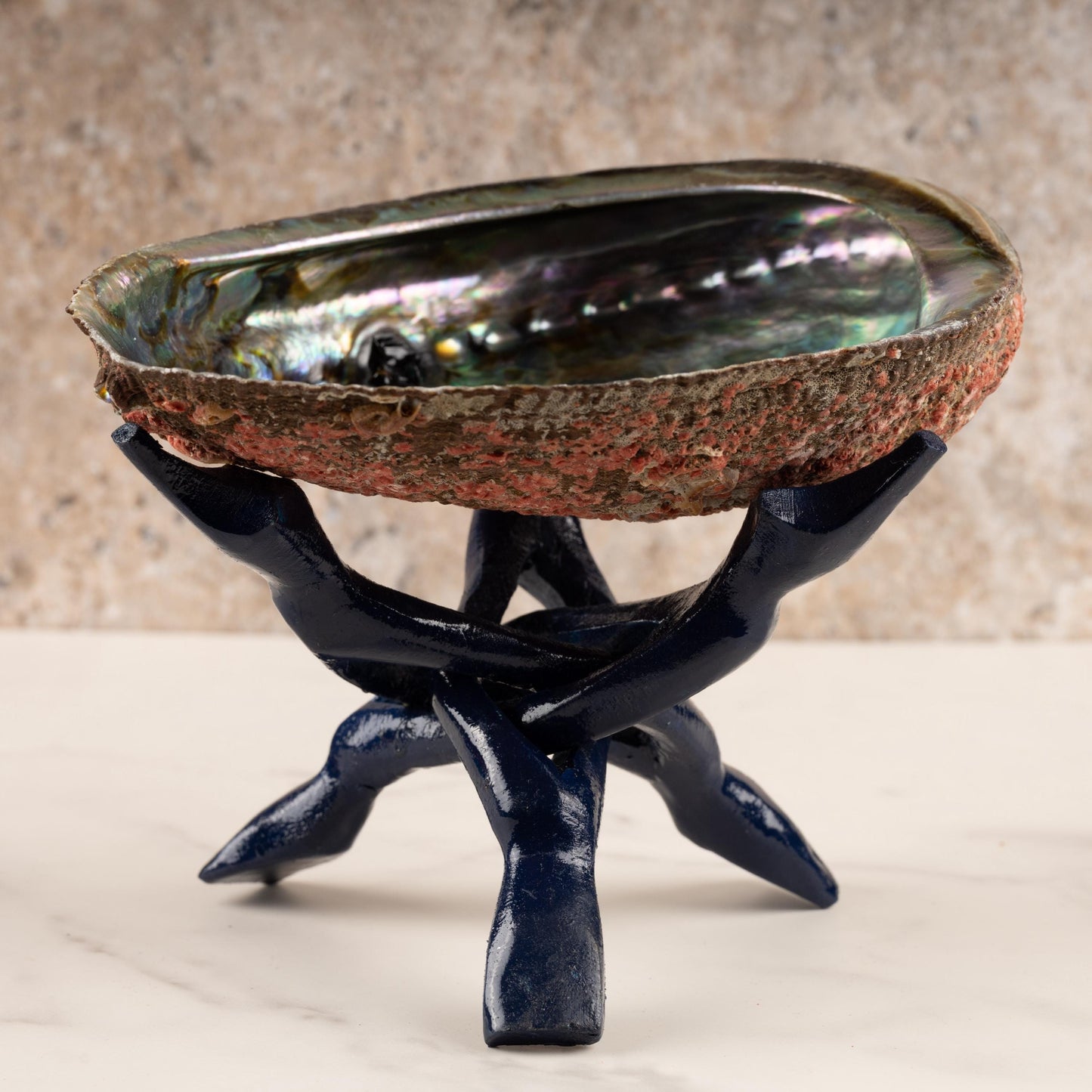 Wish Well Navy Blue Wooden Tripod Stand, 4" & 6" Hand-Carved, Ideal for Abalone Shells, Decorative Bowls, Crystal Balls, Sphere, and Geodes