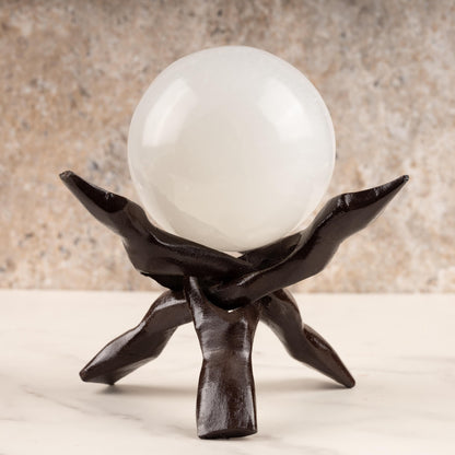 Wish Well Brown Wooden Tripod Stand, 4" & 6" Hand-Carved, Ideal for Abalone Shells, Decorative Bowls, Crystal Balls, Sphere, and Geodes