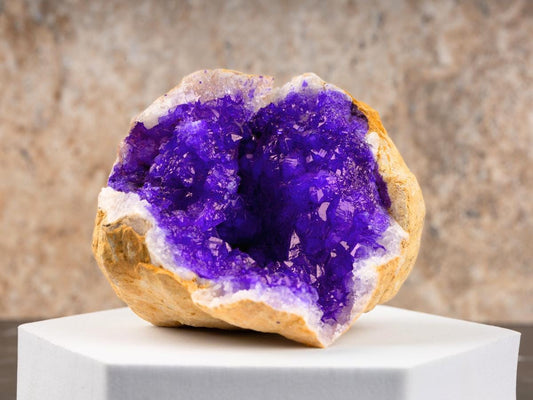 Geode Crystal from Morocco with Natural Wooden Stand, Purple Dyed Druzy Cluster,  2.5-3" Natural Quartz Crystal for Home Decor & Meditation