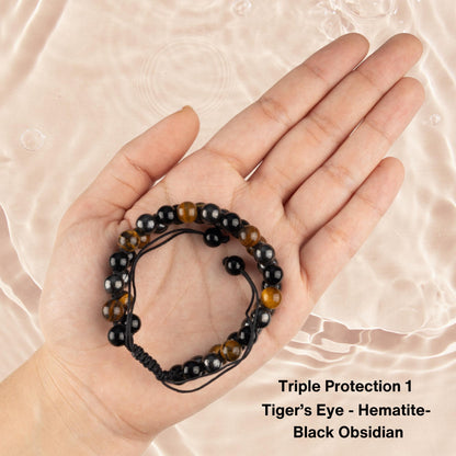 Triple Protection Bracelet, Double Stand Healing Crystal Bead Bracelets for Women Men, Crystal Jewelry, Natural Gemstone, Spiritual Bracelet