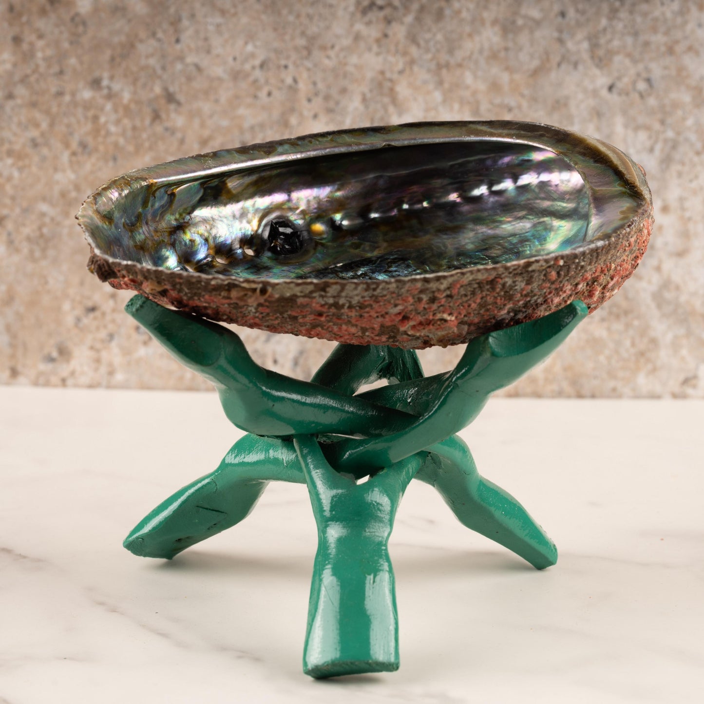 Wish Well Green Wooden Tripod Stand, 4" & 6" Hand-Carved, Ideal for Abalone Shells, Decorative Bowls, Crystal Balls, Sphere, and Geodes