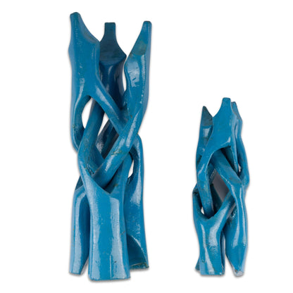 Wish Well Blue Turquoise Wooden Tripod Stand, 4" & 6" Hand-Carved, Ideal for Abalone Shells, Crystal Balls, Sphere, and Geodes