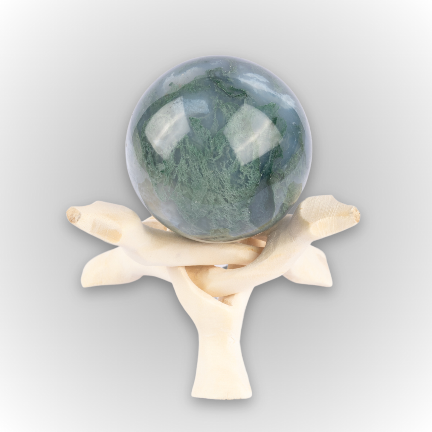 50mm-65 Moss Agate Sphere with Wooden Stand, Healing Crystal Sphere, Home Crystal Decor, Energy Crystal, Sphere Stand, Crystal Gifts