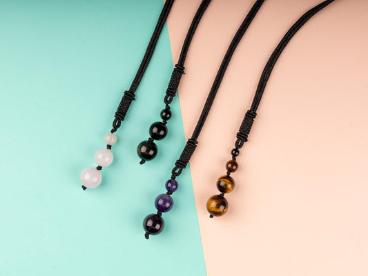 Beaded Crystal Necklace with 26" Adjustable Rope, Natural Crystal Jewelry Gift,  Amethyst, Rose Quartz, Tiger's Eye, Black Obsidian Necklace