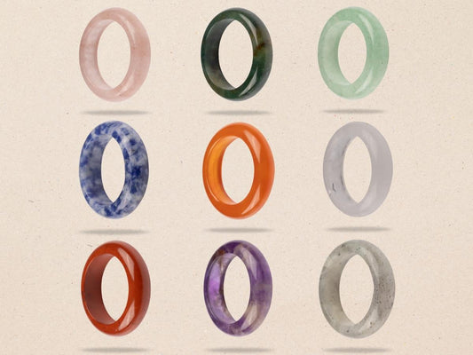 Healing Crystal Rings, Natural Stone Solid Bands, Jewelry Gifts, Energy Crystals, Minimalist Rings, US Sizes 7–10, 18 Natural Crystals