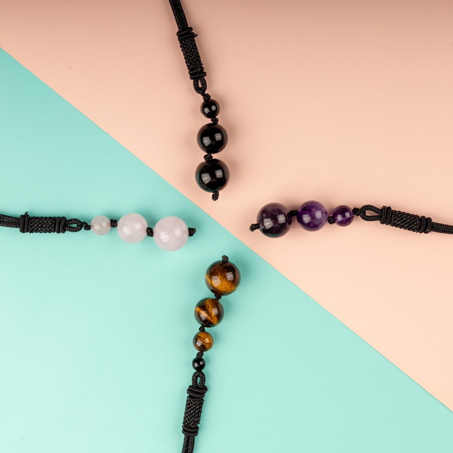 Beaded Crystal Necklace with 26" Adjustable Rope, Natural Crystal Jewelry Gift,  Amethyst, Rose Quartz, Tiger's Eye, Black Obsidian Necklace