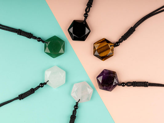 Hexagram Crystal Necklace with 26" Adjustable Rope, Natural Healing Crystal Jewelry Gift, Amethyst, Rose Quartz, Tiger's Eye, Black Obsidian