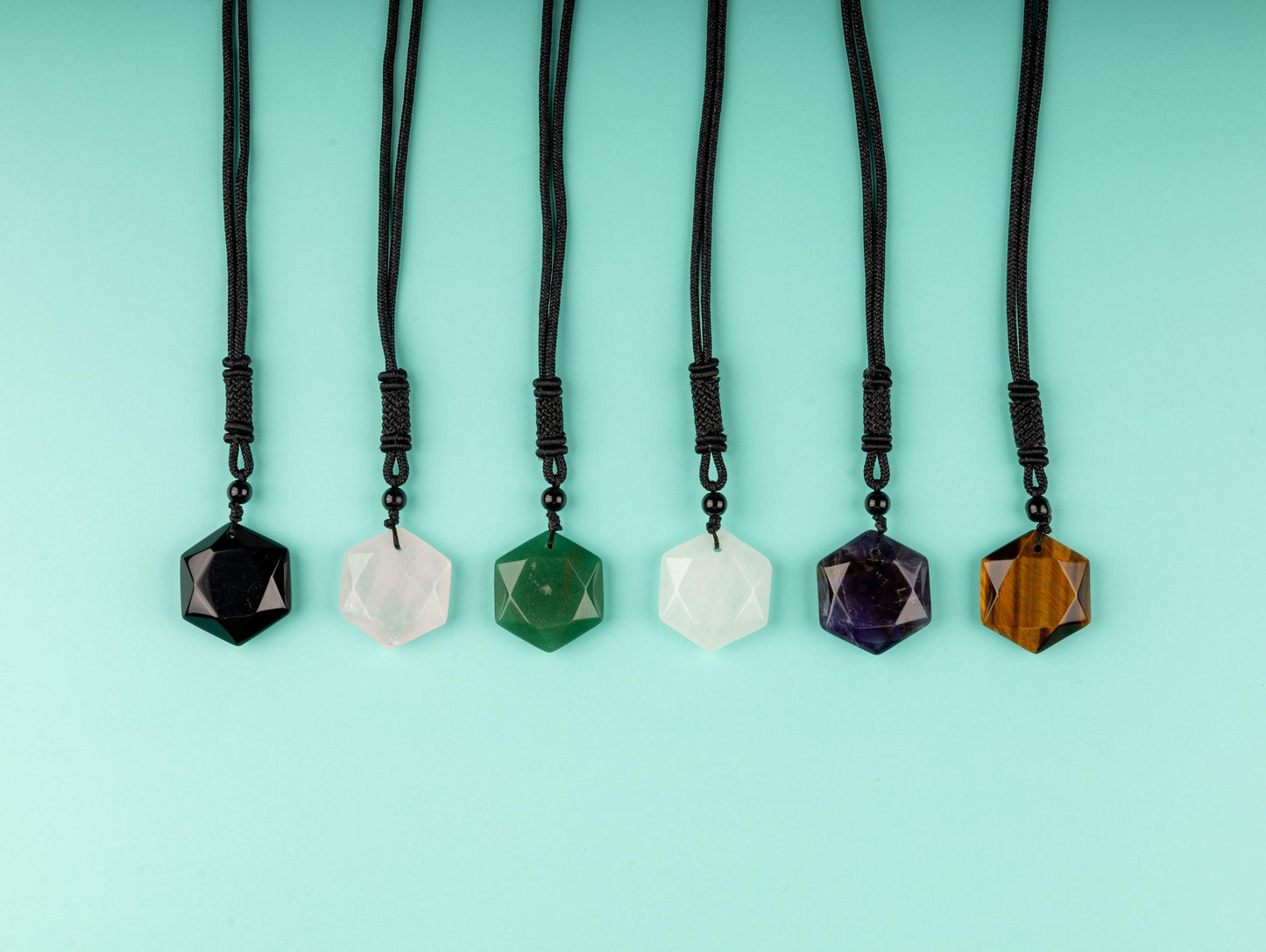 Hexagram Crystal Necklace with 26" Adjustable Rope, Natural Healing Crystal Jewelry Gift, Amethyst, Rose Quartz, Tiger's Eye, Black Obsidian